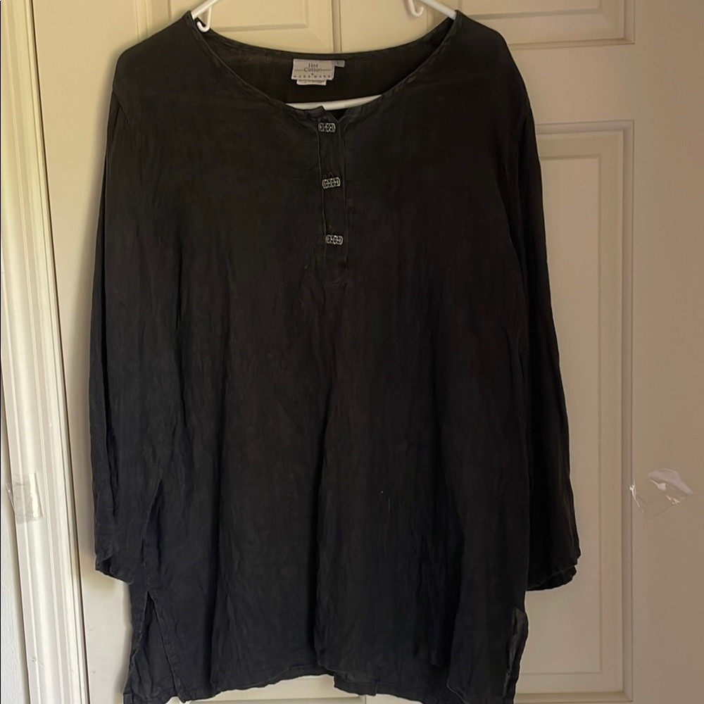 Hot Cotton 100% Linen Black Long Sleeve Tunic Top, size large
